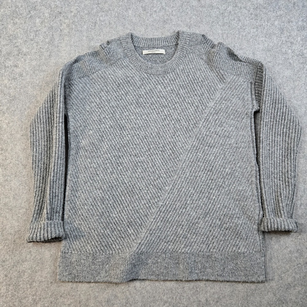 AllSaints Terra Open Shoulder Wool Sweater‎ Womens S Gray Ribbed Knit Oversized